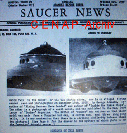 1957-10-a-Bereits 1957 konnte Adamski sein Schwindel nachgewiesen werden, doch die UFO-Gläubigen waren davon nicht zu überzeugen, so auch die DUIST-Sekte in Wiesbaden.