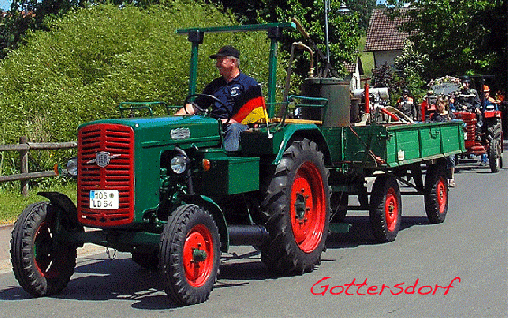 2008-06-amg-Lanz-Traktor mit Feuerwehr-Handpumpe - Aufnahme von 100 Jahre Feuerwehr - Gottersdorf - Odenwald