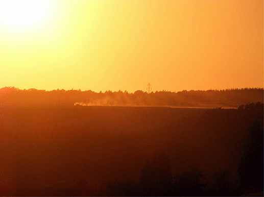 2009-08-bhm-Mähdrescher bei Rimhorn im Sonnenlicht der untergehenden Sonne - Odenwald