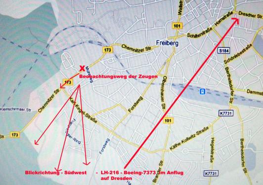 2011-02-aic-Fall Freiberg - Erste Ortsangaben der Zeugen welche sich bei VorOrt-Recherche von CENAP als falsch herausstellte. Quelle: Google Maps