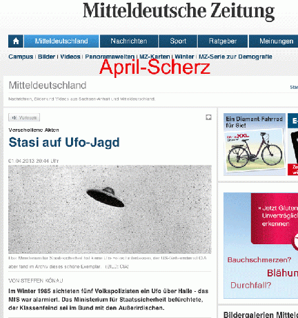 2013-04-mb-April-Scherz der Mitteldeutsche Zeitung welche die Exopolitik in Deutschland nicht raffte...