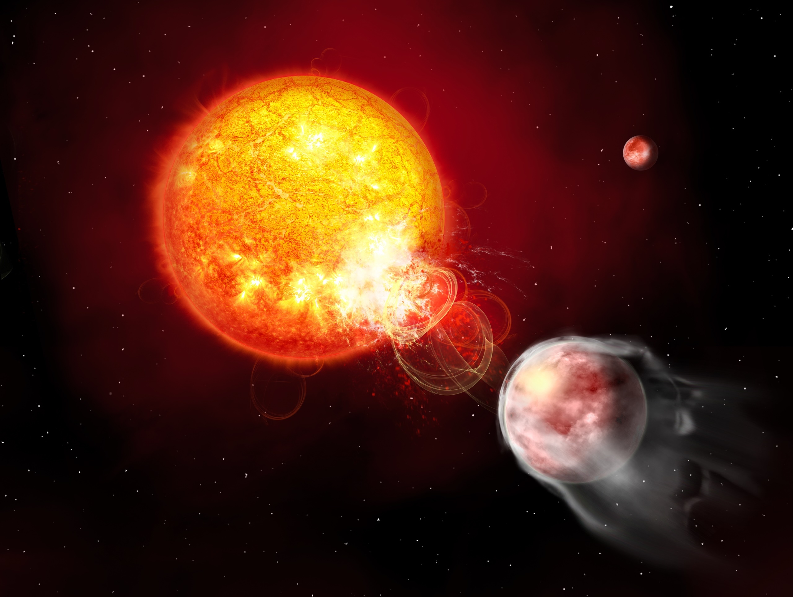 stellar-flares-blast-the-wispy-atmosphere-away-from-exoplanet-hip-67522-b-artist-s-impression-scaled